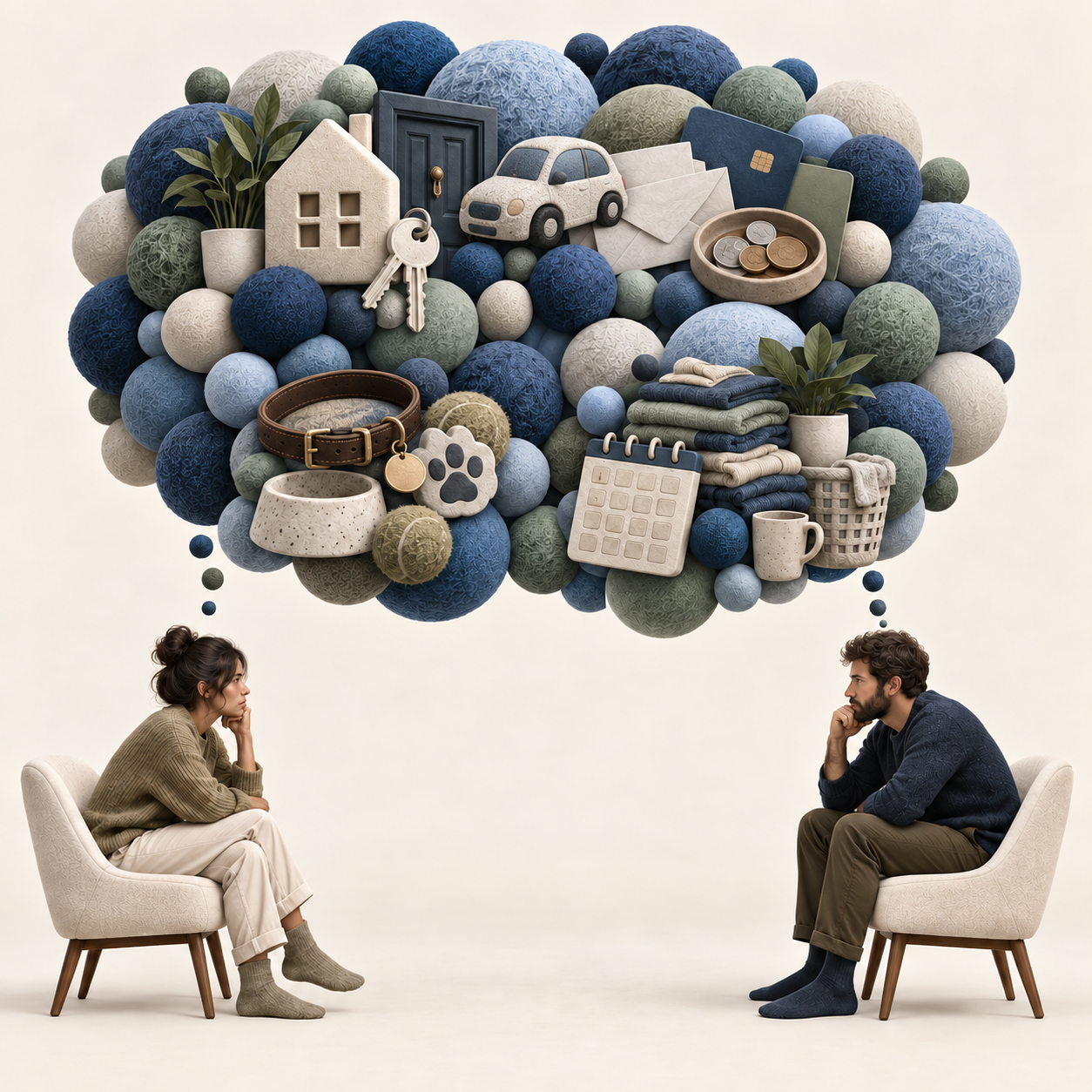Two people sit apart beneath a cloud of shared-life concerns.